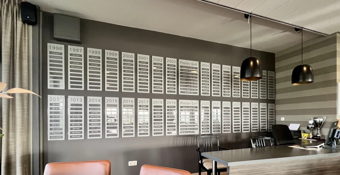 Wall of fame in het clubhuis met de namen van alle clubkampioenen door de jaren heen