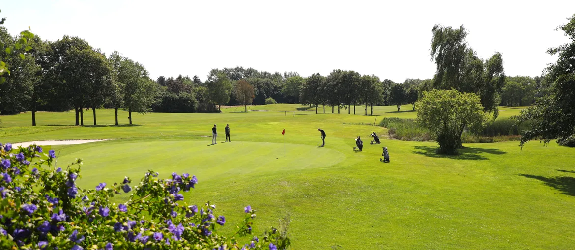 Hole 14 met drie golfers op de green
