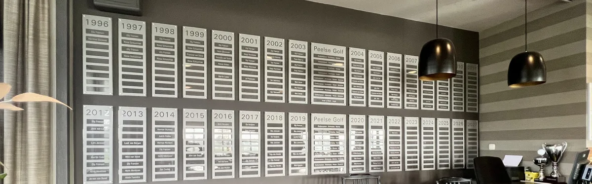 Wall of fame in het clubhuis met de namen van alle clubkampioenen door de jaren heen